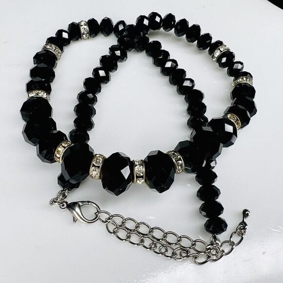 Glamorous Necklace Glass Black Faceted Graduated Beads Rhinestone Gold Tone 4403 - Picture 10 of 13